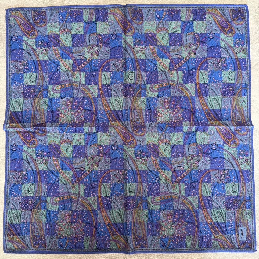 Yves Saint Laurent Blue and Purple Patterned Scarf silk cotton blend